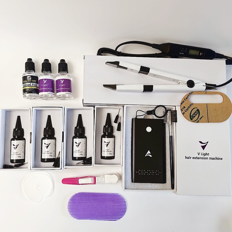 V-Light Technology-Kit d'outils d'extension de cheveux blancs, machine d'extension de cheveux, ensemble avec colle d'extension de cheveux V Light