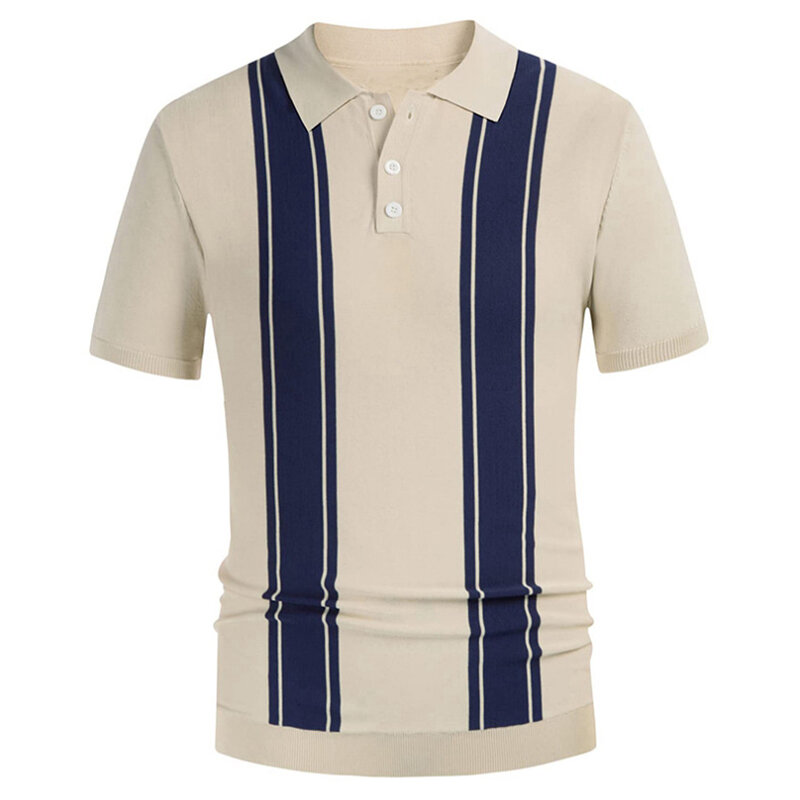 Streetwear Vintage Knitted Striped Polo Shirt Men Fashion Slim Short Sleeve Polos Summer Mens Knitwear Casual Ice Silk Polo Tops
