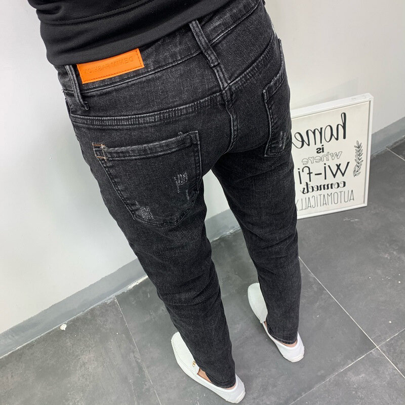 Brand Autumn Black Man's Korean Cropped Trousers 2022 New Slim Feet Casual Black Pants Mens Street Wear Designer Jeans for Men