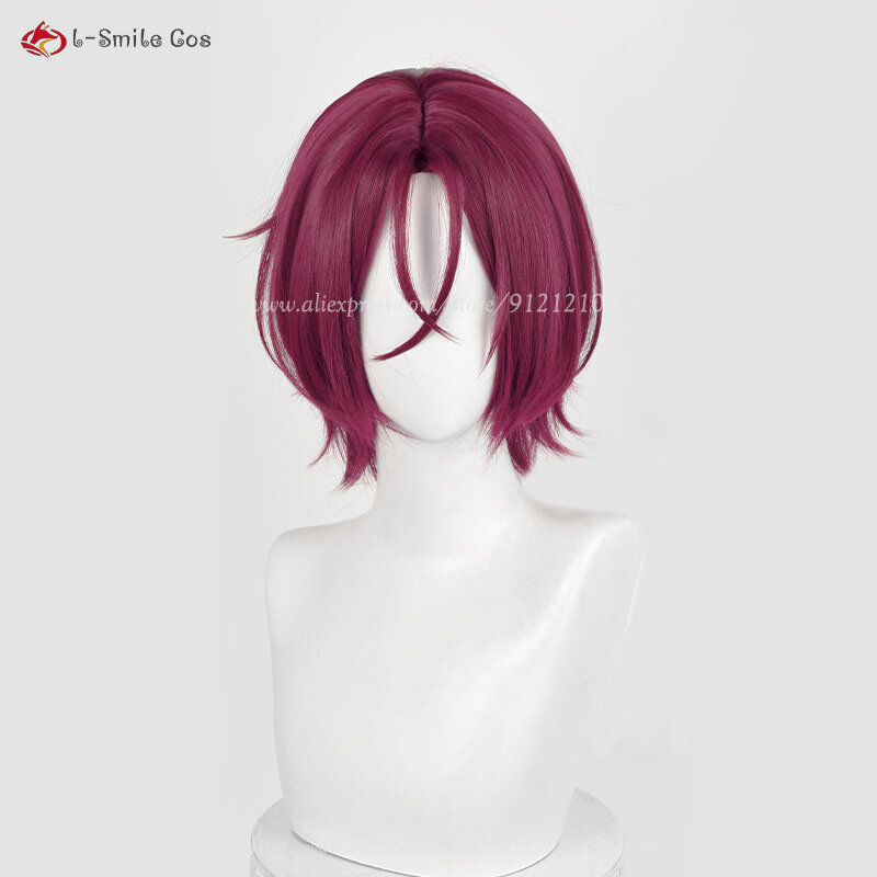 Wig Cosplay Anime Rin Matsuoka, Wig kulit kepala gelap mawar merah 33cm Wig pendek tahan panas rambut sintetis Halloween uniseks + topi Wig