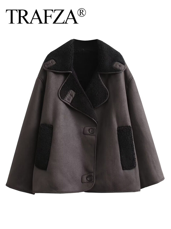 TRAFZA 2023 Winter Women Vintage Long Sleeve Warm Faux Leather Fleece Jacket Coat Female Casual Solid Pocket Outwear Lapel Tops