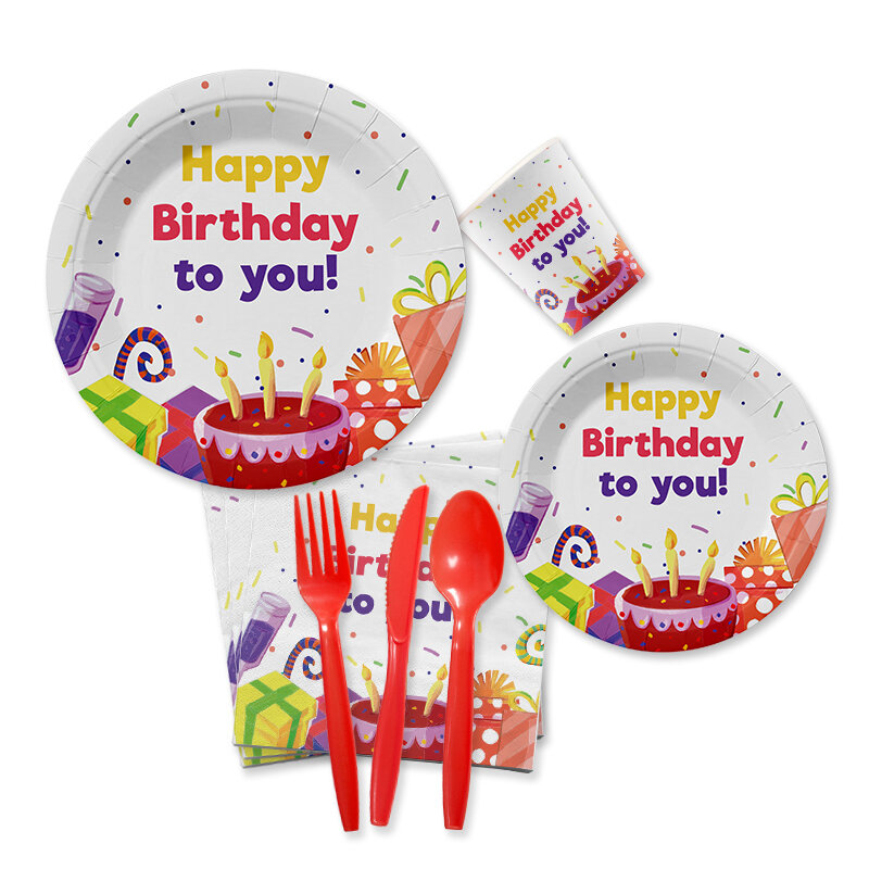 お誕生日おめでとう紙皿ナプキン、使い捨てパーティー用品、かわいい漫画のケーキプリント、女の子と男の子のための装飾、ベビーシャワー、10名