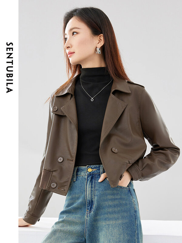 Sentubila Spring Coffee Lapel Cropped Pu Leather Coat 2024 Double Breasted Straight Long Sleeve Women's Bomber Jacket W41G52771
