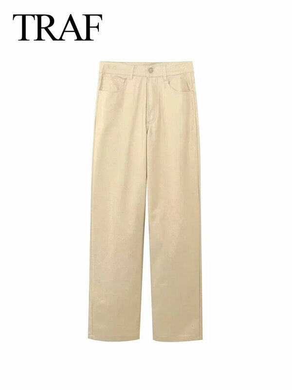 TRAF-Calças femininas de cintura alta, calças compridas soltas, bolsos com zíper, casual, versátil, monocromático, rua, feminino, 2024