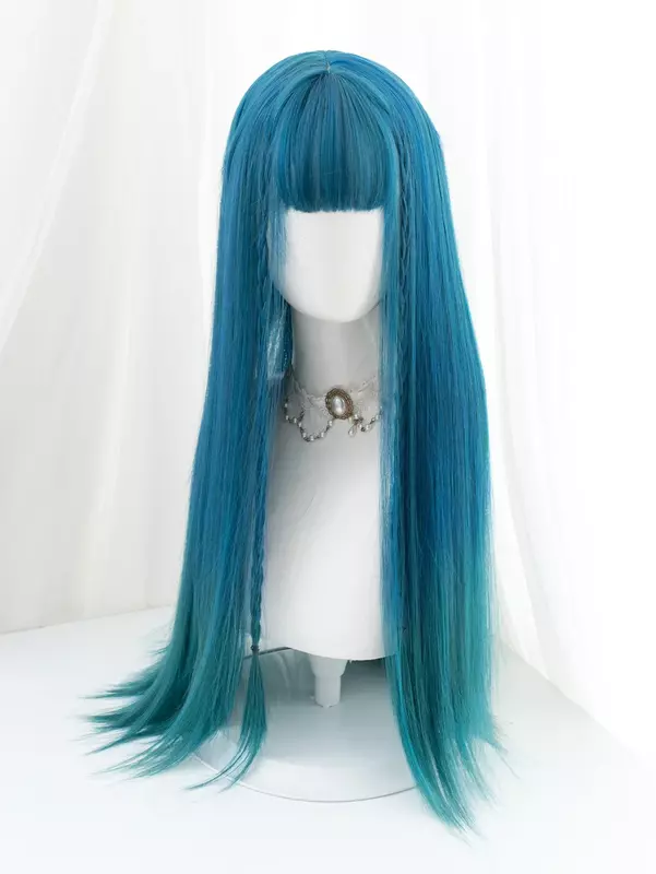 Parrucche sintetiche di colore verde sfumato blu da 30 pollici con parrucca di capelli lisci naturali lunghi Bang per le donne Cosplay Lolita resistente al calore