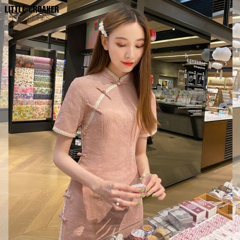 Wanita Qipao peningkatan Cheongsam musim panas Chinoiserie Pink gadis muda Cina gadis kecil segar Vintage elegan gaun gadis