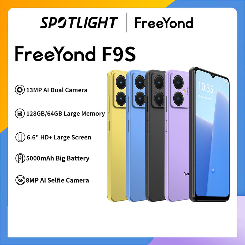 FreeYond F9S 스마트폰, 2GB + 2GB 확장 램, 64GB ROM, 5000mAh, 13MP 듀얼 AI 후면 카메라, 안드로이드 13 옥타 코어
