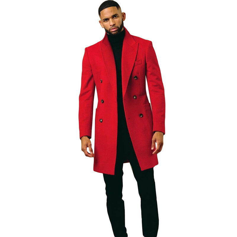 Mantel panjang Double-Breasted pria, Blazer katun warna Solid bisnis Slim Fit Vintage wol dicampur tahan angin musim gugur