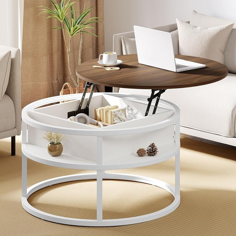 Round Lift Top Coffee Table, for Living Room with Storage, with Storage,Brown and White Coffee Tables