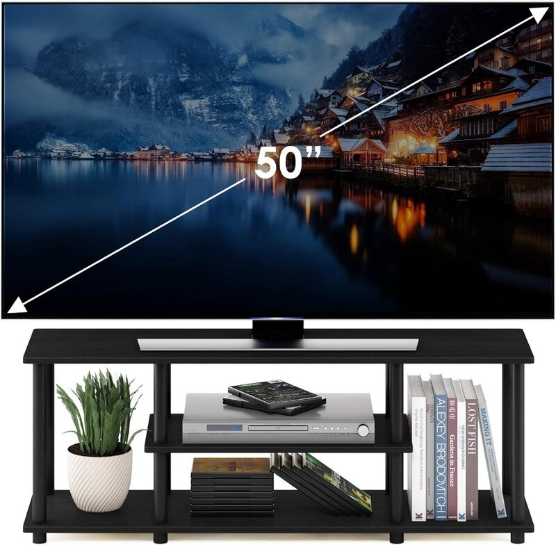 Furinno Turn-Tube-Support TV 3D à 3 niveaux, sans outils, pour divertissement, jusqu'à 50 pouces, avec tubes ronds, brochure