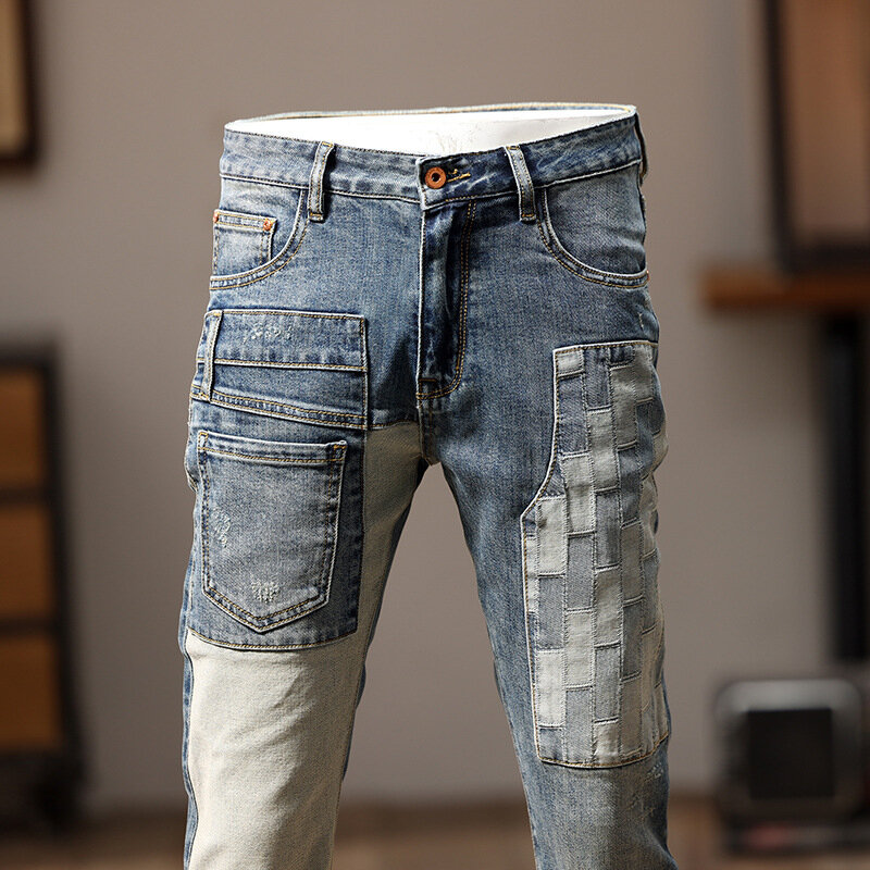 2024Cool Smart Jeans Men's Motorcycle Trendy Patchwork Fashion High-End Retro Stretch Slim Fit Skinny Pants