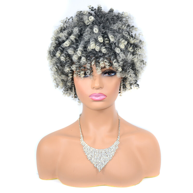 Short Afro Kinky Curly Wigs With Bangs For Black Women Synthetic Ombre Natural Heat Resistant Hair Brown Cosplay Highlight Wigs