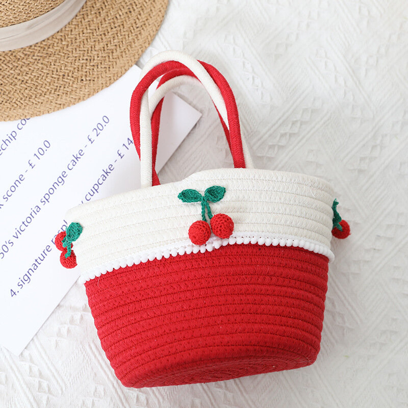 Bolso de paja hecho a mano para mujer, bolsa bonita de hilo de algodón, cesta tejida con cereza roja, playa, vacaciones en la playa, novedad