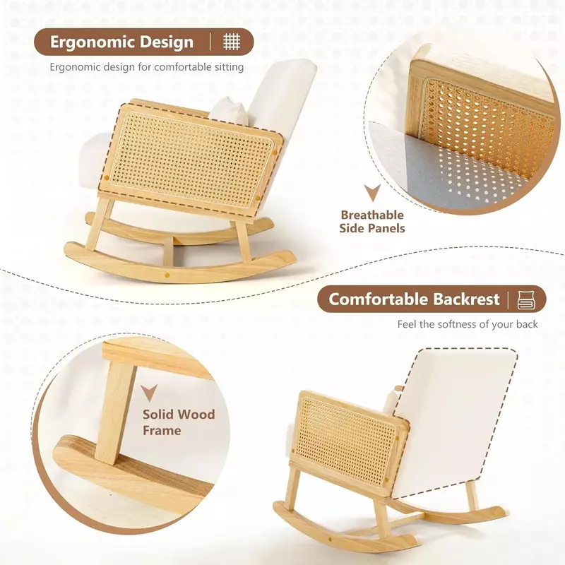 Patio Solid Wood Rocking Chair, Glider Rattan Rocker Chair Detachable Washable Cushions, All-Weather Wicker Furniture Seat