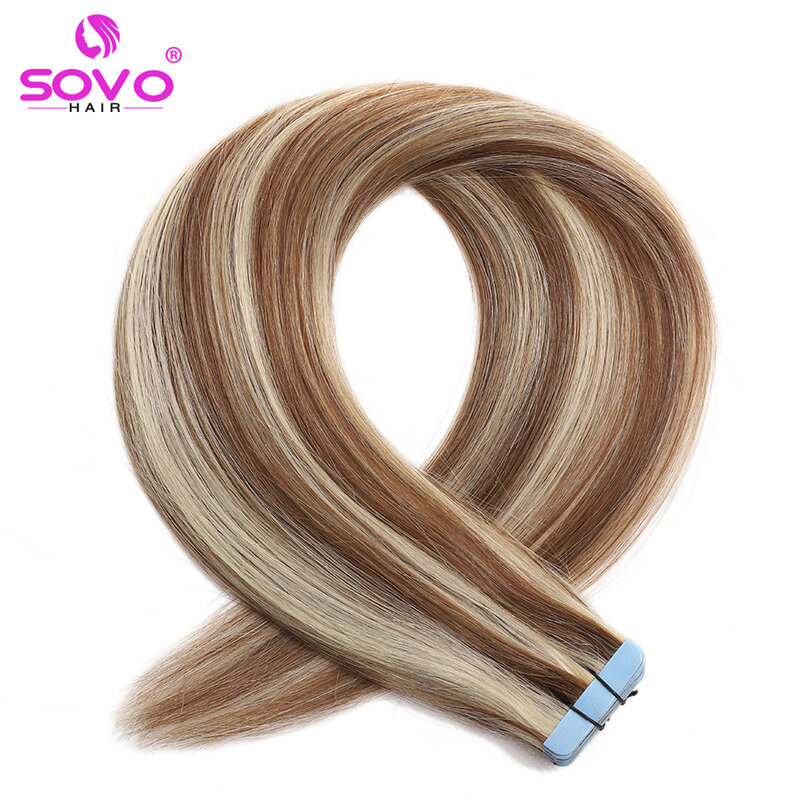 Sovo Highlight Tape in Extensions Echthaar 12-26 Zoll nahtlose Haut Schuss natürliche blonde europäische Haarband auf 20/40pcs Pack