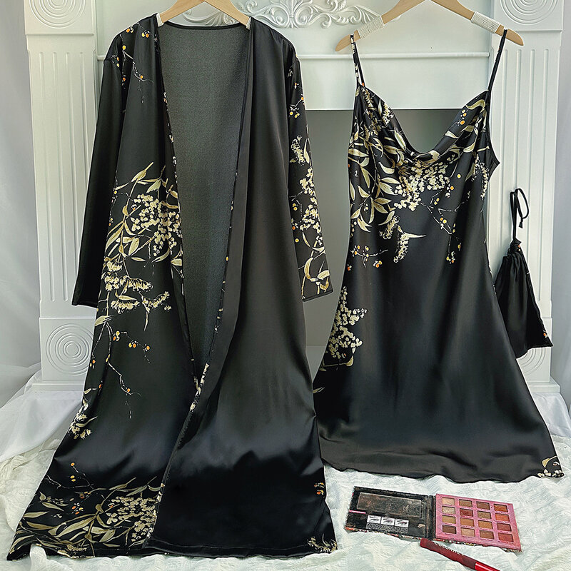 Black Robe Set Nightwear Satin Home Dressing Gown Lady Sexy Chemise Sleepwear Kimono Bathrobe Print Flower Lingerie Homewear