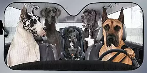 Grote Dane Familie Rijdt Auto Zonnescherm Auto Voorruit, Grote Dane Zonnescherm, Hondenliefhebbers Geschenken, UV-Beschermer Voorruit