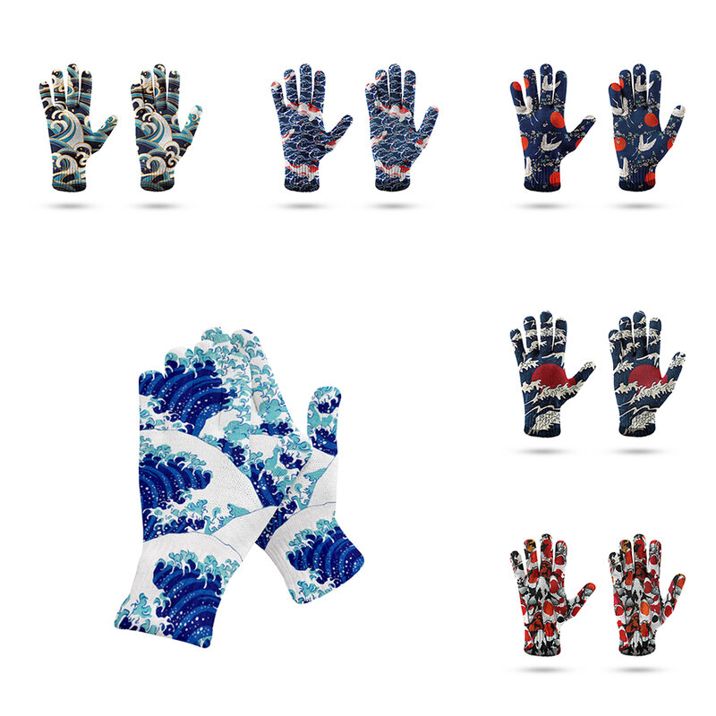 Gants imprimés de Style japonais pour femmes, mitaines en tricot extensible, impression 3D, gants complets pour écran tactile, printemps et automne