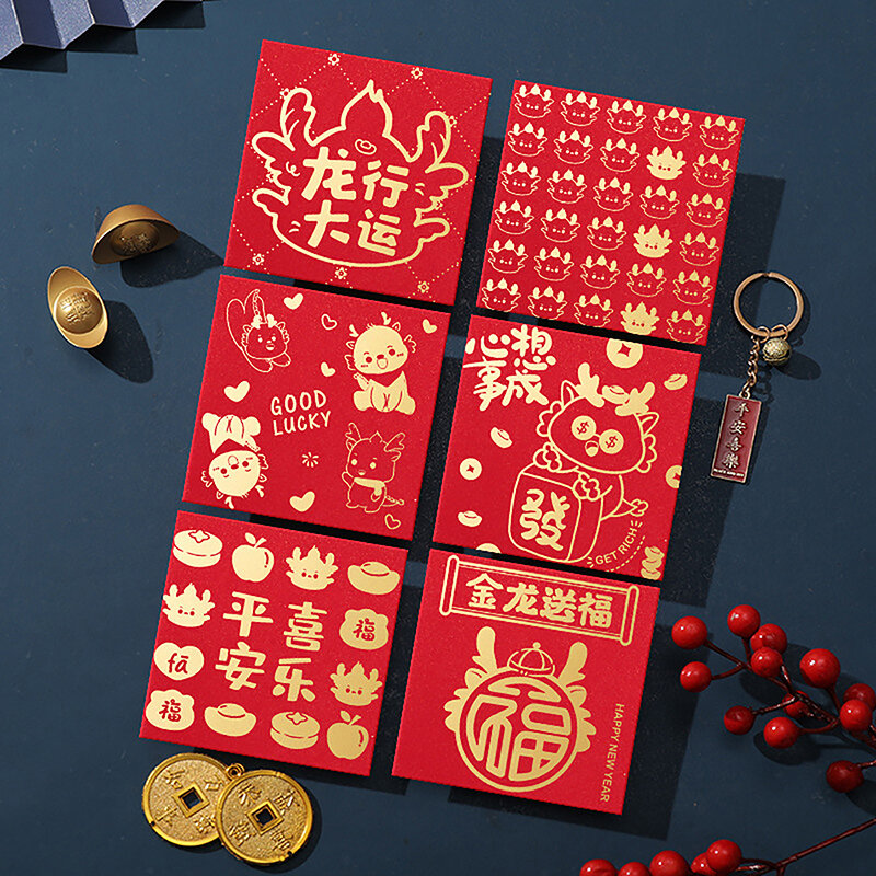 Paket uang keberuntungan paket Festival Musim Semi amplop merah Tahun Naga 2024 6 buah tas hadiah kartun Tahun Baru anak-anak