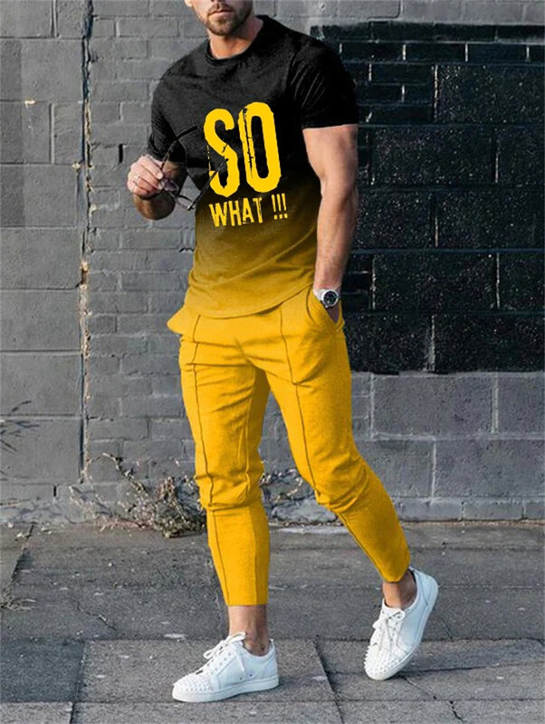 Футболка и штаны мужские в полоску, роскошный модный комплект из 2 предметов, с 3D-принтом, круглым вырезом и геометрическими сращивающимися короткими рукавами + брюки, оверсайз