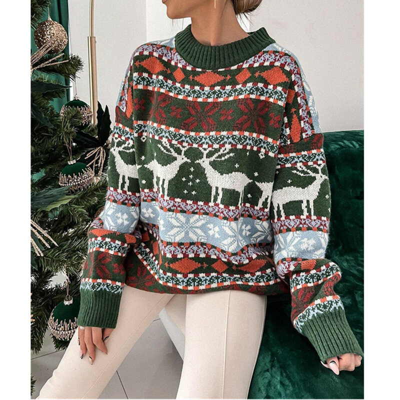 Elk Pullover rajut wanita, Sweater hangat etnik wanita natal longgar musim gugur musim dingin Pullover Fashion