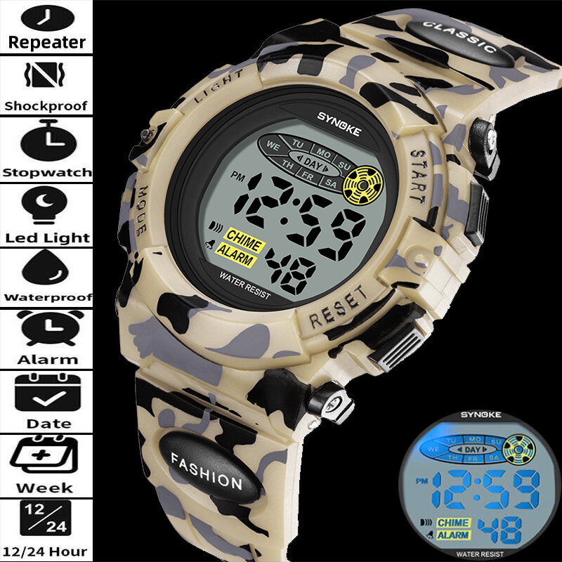 Synoke Kid's Military Sport's Watch Fashion Camo Strap Led Waterproof Boy Girl Digital Wristwatch with Repeater Alarm Clock