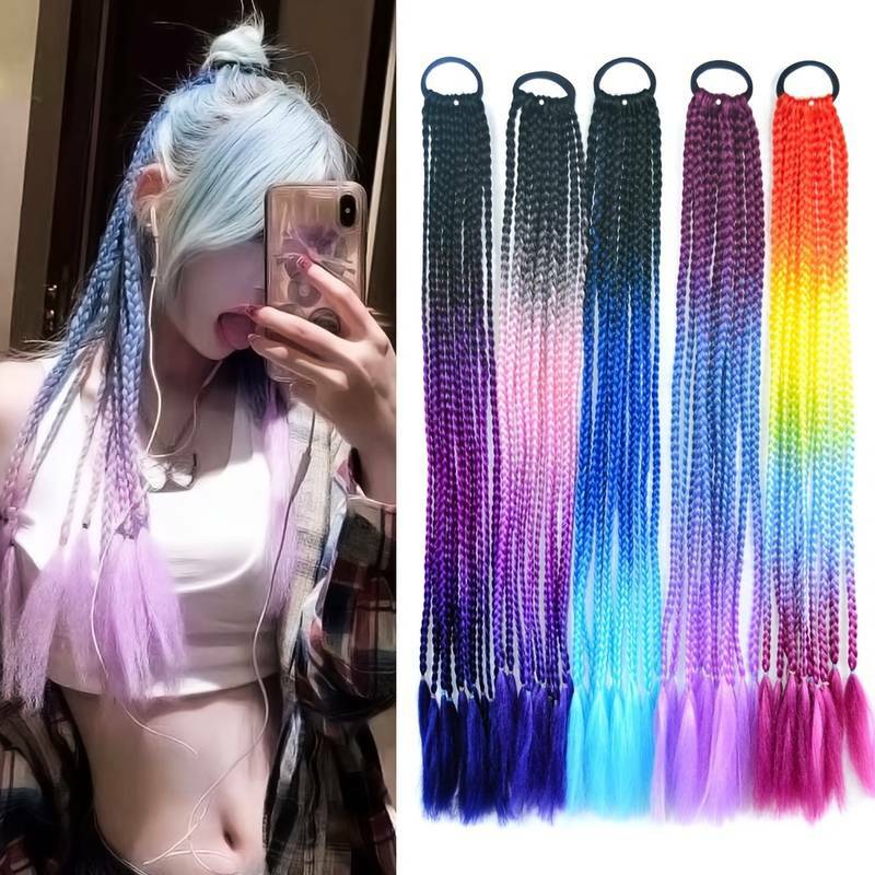 Synthetic Dirty Braided Ponytail With Elastic Band Gradient Color Braiding Hair Extensions For Women And Girl Daily And Party