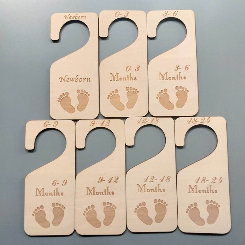 7 Pcs Baby Closet Size Dividers Wooden Baby Closet Organizers from Newborn Infant to 24 Months for Home Nursery Baby Clothes