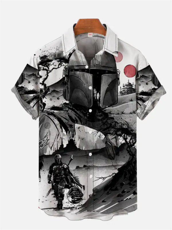 Solta camisa de manga curta dos homens, retro mascarado Samurai pintura da paisagem, espaço planeta avião batalha Ukiyo-e, tamanho grande XS-4XL