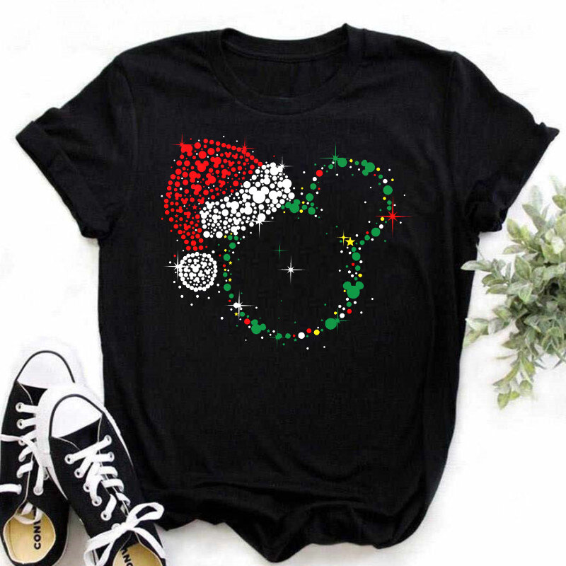 Neue Mickey Weihnachten Hut Druck T-shirts für Frauen Mode Weihnachten T Shirt Streetwear Weibliche Kleidung Kawaii Disney T Shirt Geschenk