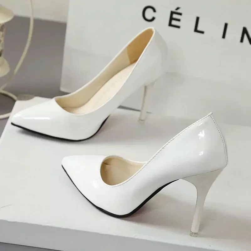 2023 Nude Pumps for Women High Heel Shoes Female Fashion Patent Leather Sexy Pointed Toe Thin Heel Wedding Shoes Plus Size 34-44