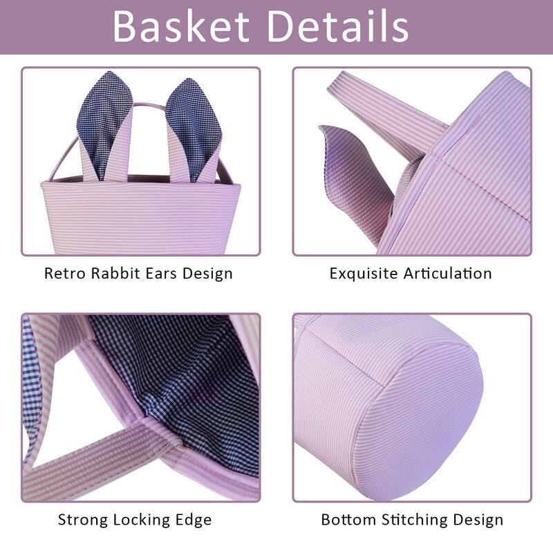 Cestas de pascua bordadas personalizadas para niños, bolsas de orejas de conejo de pascua con lindas orejas de conejo, almacenamiento a rayas, cubo de conejito de huevo de pascua