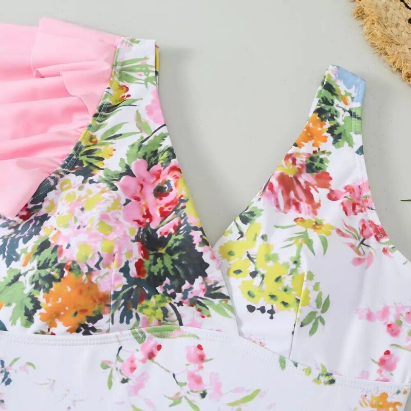 Monokini Set rok modis untuk wanita, Set baju renang satu potong motif bunga dengan rok penutup sifon leher V Monokini pantai untuk wanita