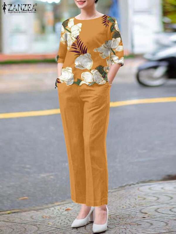 ZANZEA Fashion Office Work Suit Summer Women Matching set camicetta floreale a maniche corte set di pantaloni Casual 2 pezzi tute eleganti