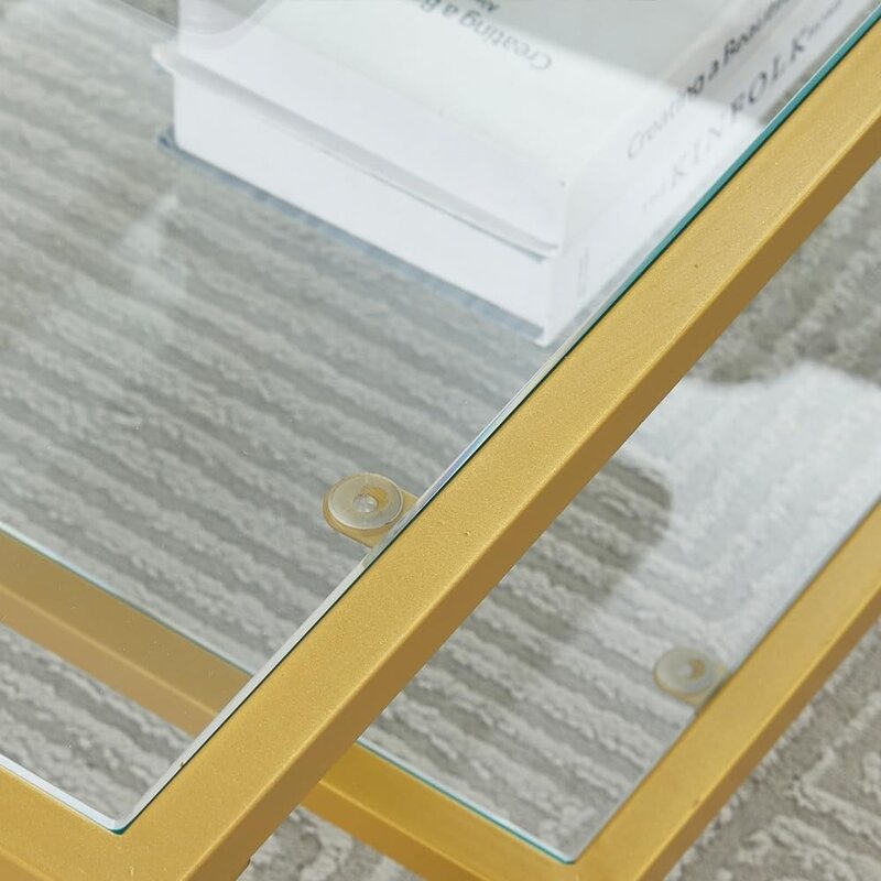 Szklany stolik do kawy metalowe-dwupoziomowe ze szkłem hartowanym, stolik kawowy o stylowy Metal ramie do sypialni, jadalni, biura