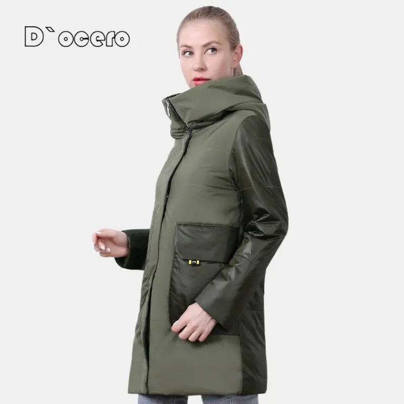 D'OCERO-새로운 봄 재킷, 여성 가을 코트 긴 퀼트 패션 캐주얼 파카 후드 고품질 얇은 코튼 아웃웨어, 2021