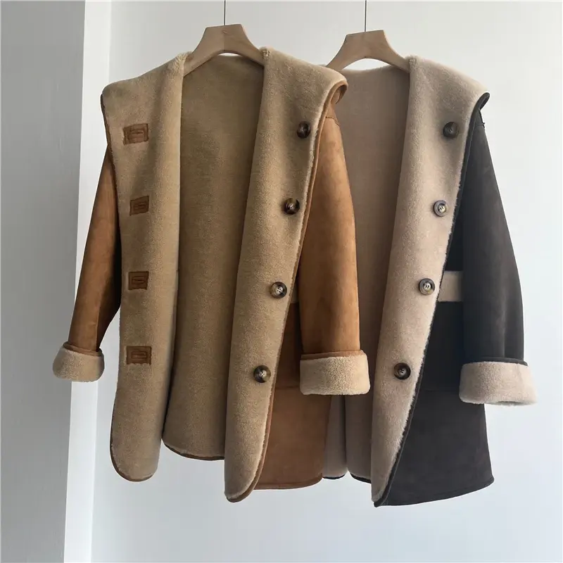 Giacca di pelliccia di Shearling di pecora moda donna cappotto di lana Casual di media lunghezza caldo 2022 cappotto invernale donna cappotto di pelliccia corto con cappuccio coreano Z