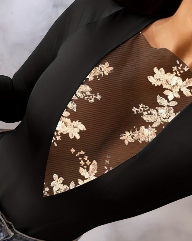 Bodysuit Women Summer Fashion Floral Sequin Sheer Mesh Patch Sexy Plunge Long Sleeve Skinny Daily Semi-Sheer Bodysuit