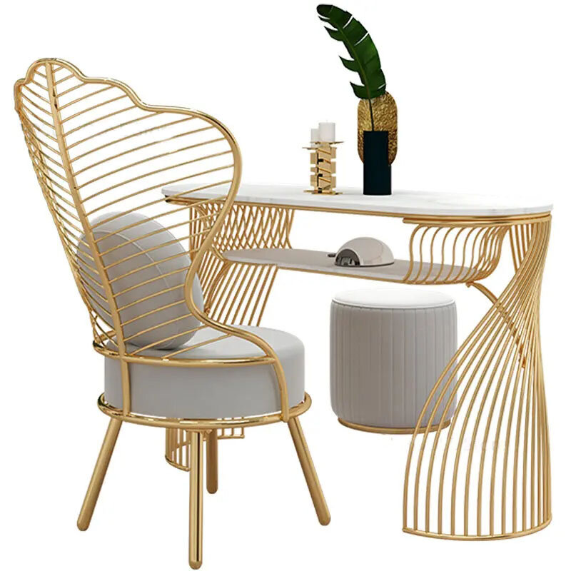 Mesas doradas simples para manicura, muebles modernos para salón de belleza, mesa de manicura profesional, juego de sillas y mesa de manicura de lujo
