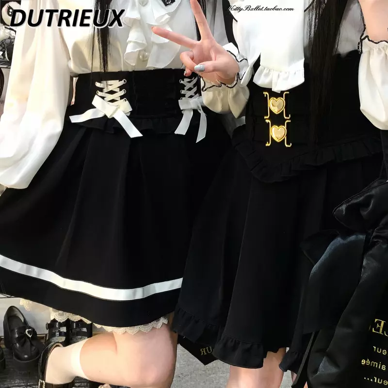 Japanese Lolita Skirt Girl Sweet Cute Love Button Lace Cross High Waist Mine Strap Skirt Women Autumn New Ruffles Pleated Skirts