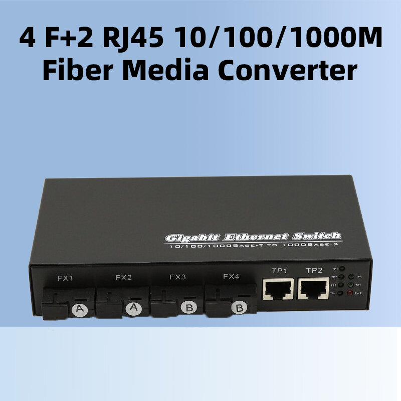 Fiber Media Converter, Fiber Optical Converter, Gigabit Ethernet Switch, SC 4 Port, 2 RJ45, 10 m, 100 m, 1000m, 20km
