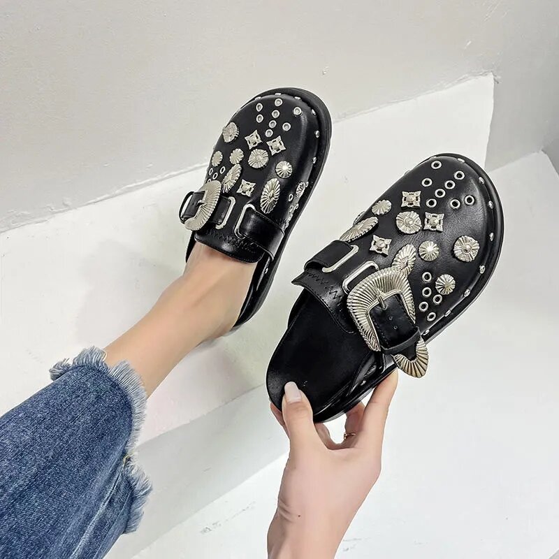 Summer Women Slippers Platform Rivets Punk Rock Leather Mules Creative Metal Fittings Casual Party Shoes Female Outdoor Slides