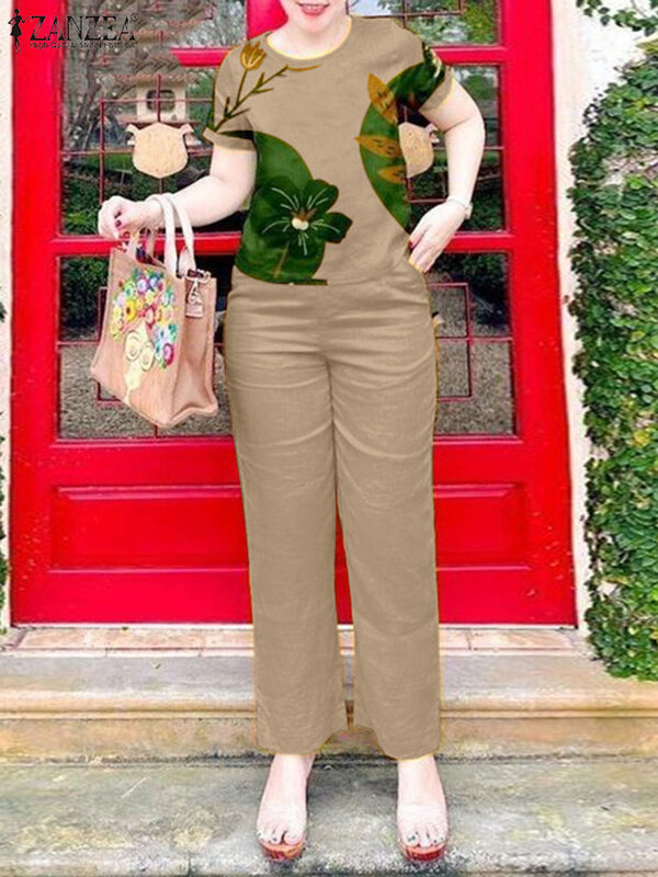 ZANZEA 여성용 O넥 반팔 꽃무늬 블라우스 바지 세트, 우아한 OL 작업복, 프린트 운동복, 여름 매칭 세트, 2024, 2 개