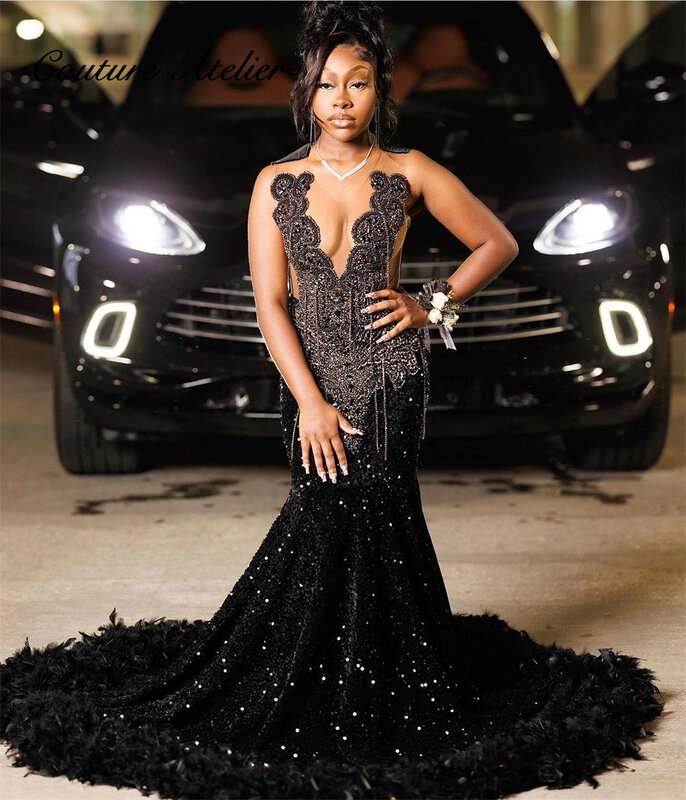 Obsidian Black Crystal Beading Tassels Prom Dress For Black Girls Mermaid Ladies Dresses For Special Occasions Sexy Party Gowns
