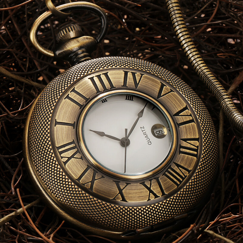 นาฬิกาพกมีตัวเลขแบบมินิมอลโรมันนาฬิกาควอตซ์แบบพกพาพร้อมปฏิทินนาฬิกาจี้คู่สีดำ/ทอง/เงิน/บรอนซ์