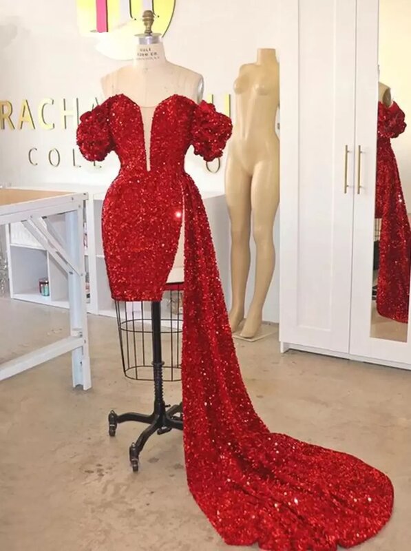 New Red Prom Dress Short Sleeves Sparkly Sequin Sheath Special Evening Dress Short Party Cocktial Gown 2024 Homecoming Dress
