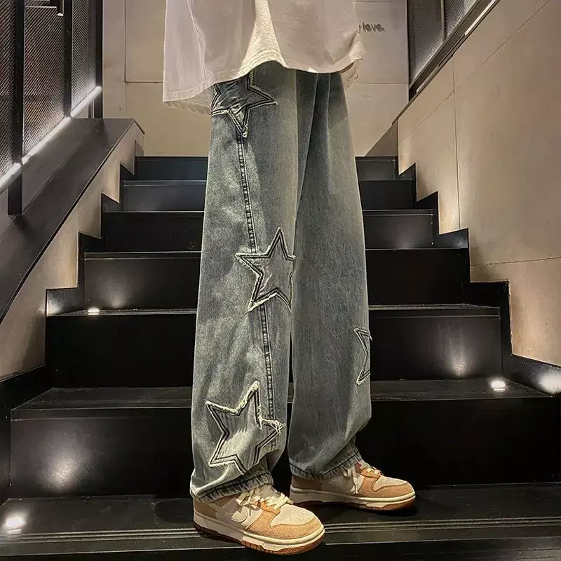 Male Cowboy Pants Large Size Jeans for Men Straight Star Graphic Trousers Hip Hop Kpop Luxury Washed Plus Original 2024 Trend Xs
