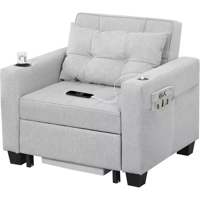 Sofa bed with convertible three in one USB port pull-out bed, living room armchair bed (light gray linen)