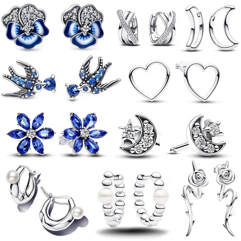 925 brincos de prata esterlina para mulheres, esmalte azul Pansy Flower Stud, fabricação de jóias, presente, recém-chegados