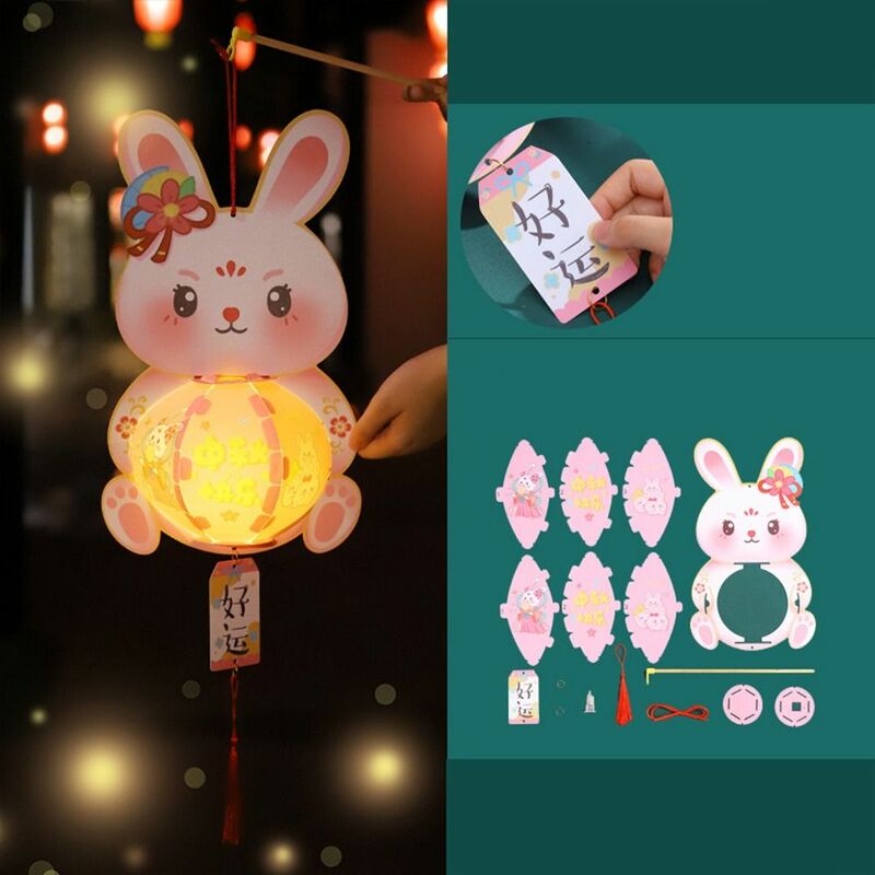 Lanterne chinoise faite à la main avec lumière LED, lanterne de style lapin, bénédiction, matériaux de bricolage, bonne chance, mi-automne